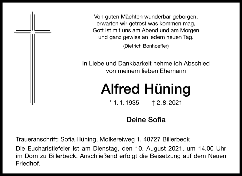  Traueranzeige für Alfred Hüning vom 07.08.2021 aus 
