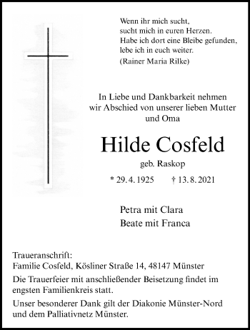 Anzeige von Hilde Cosfeld 