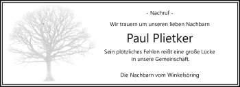 Anzeige von Paul Plietker 