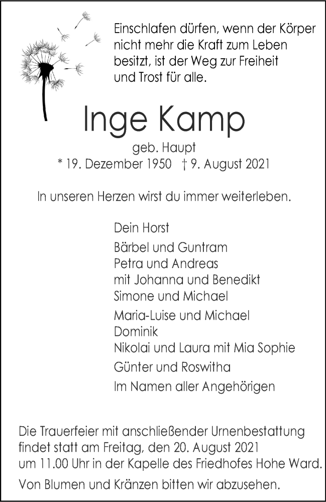  Traueranzeige für Inge Kamp vom 14.08.2021 aus 