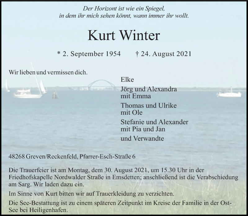  Traueranzeige für Kurt Winter vom 28.08.2021 aus 