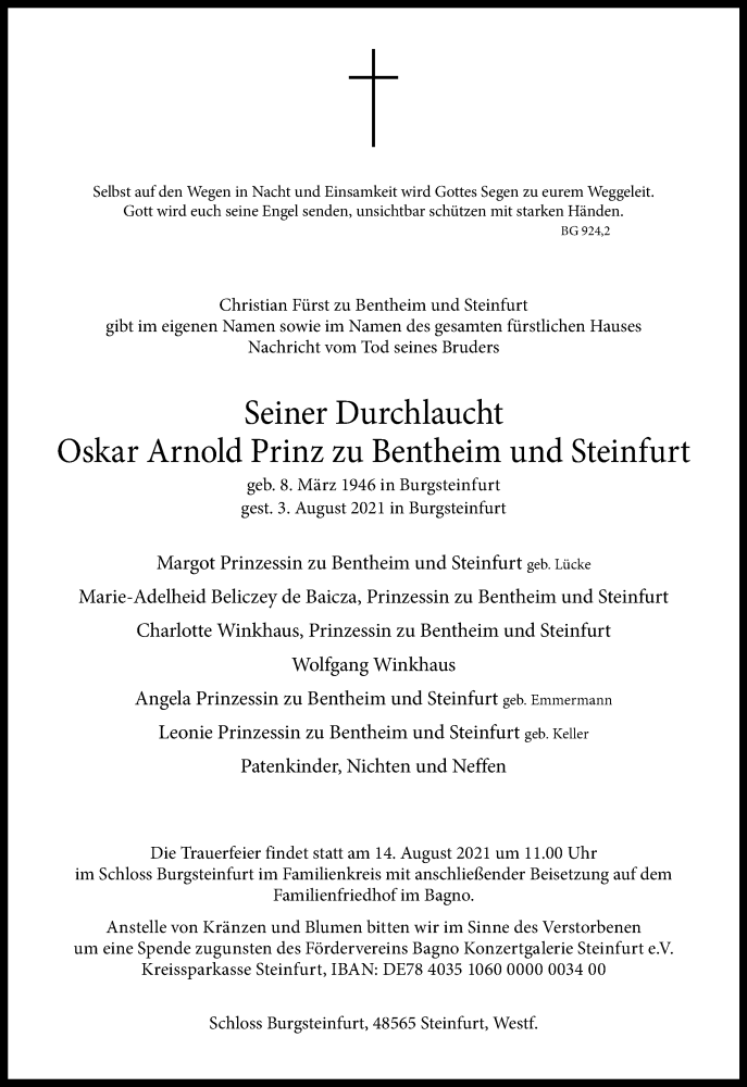  Traueranzeige für Oskar Arnold Prinz zu Bentheim und Steinfurt vom 06.08.2021 aus 