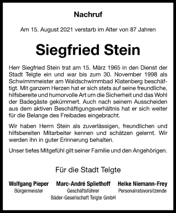 Anzeige von Siegfried Stein 