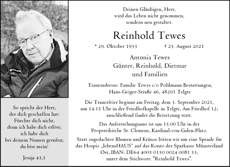  Traueranzeige für Reinhold Tewes vom 28.08.2021 aus 