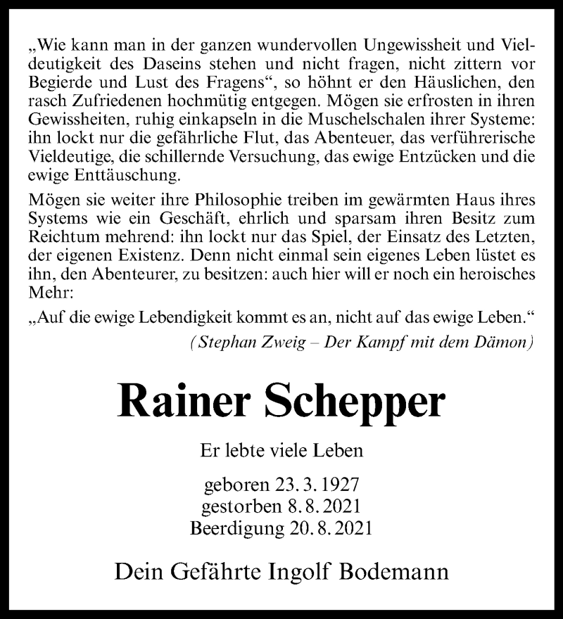  Traueranzeige für Rainer Schepper vom 18.08.2021 aus 