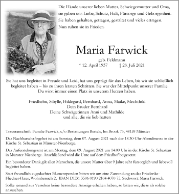 Anzeige von Maria Farwick 