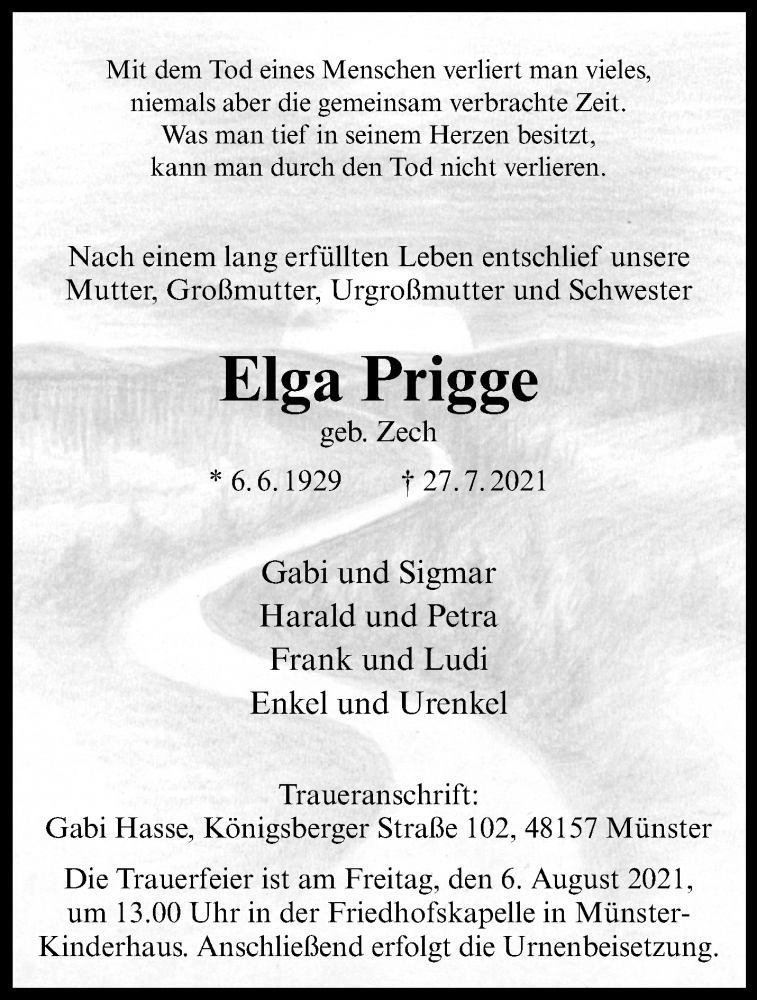  Traueranzeige für Elga Prigge vom 04.08.2021 aus 