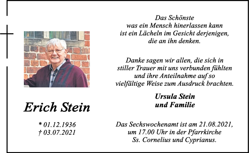  Traueranzeige für Erich Stein vom 17.08.2021 aus 