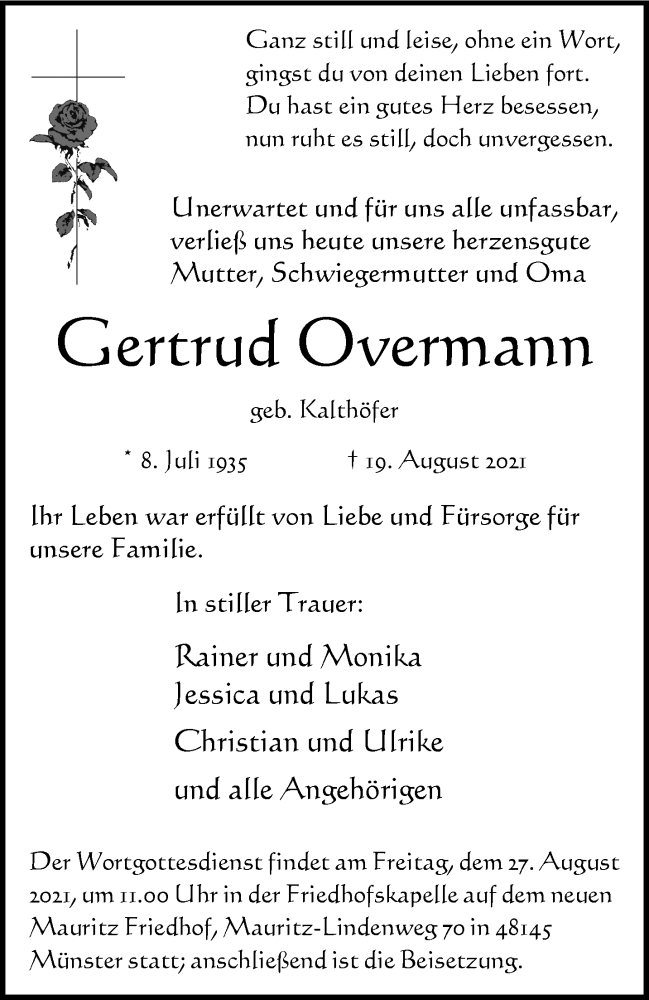  Traueranzeige für Gertrud Overmann vom 25.08.2021 aus 