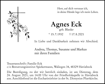 Anzeige von Agnes Eck 