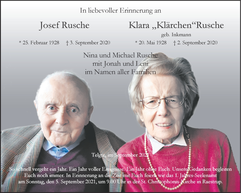  Traueranzeige für Josef Rusche vom 28.08.2021 aus 
