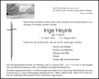 Anzeige von Inge Heyink 