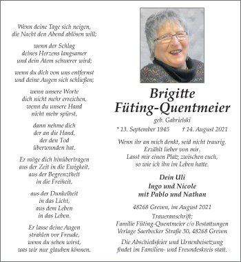 Anzeige von Brigitte Füting-Quentmeier 