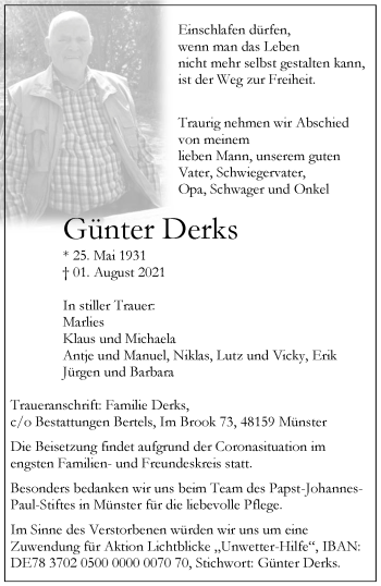 Anzeige von Günter Derks 