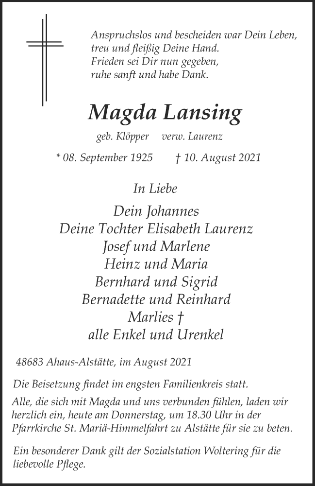  Traueranzeige für Magda Lansing vom 12.08.2021 aus 