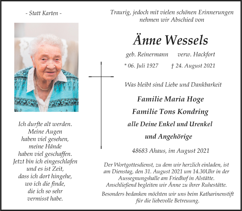  Traueranzeige für Änne Wessels vom 28.08.2021 aus 