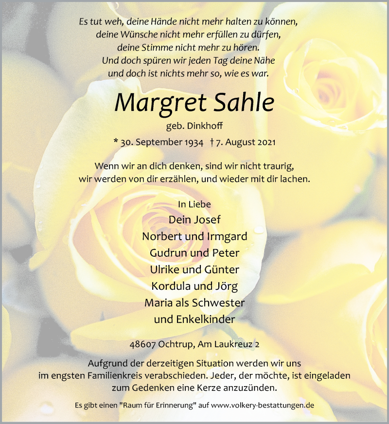  Traueranzeige für Margret Sahle vom 09.08.2021 aus 