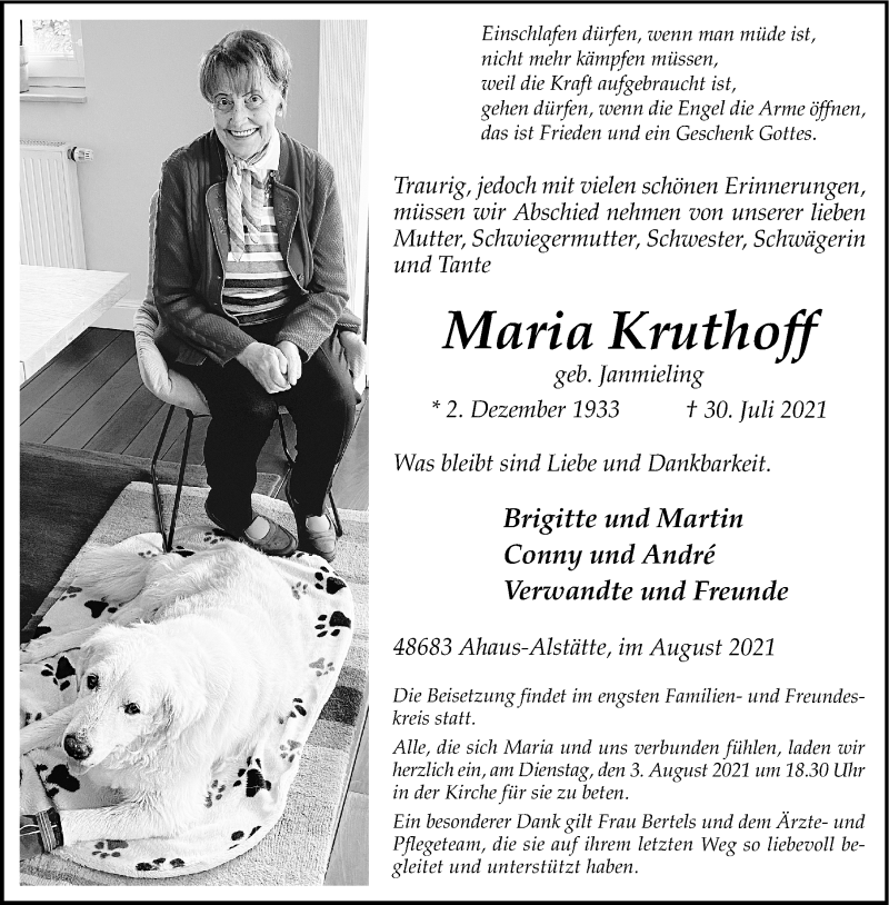  Traueranzeige für Maria Kruthoff vom 03.08.2021 aus 
