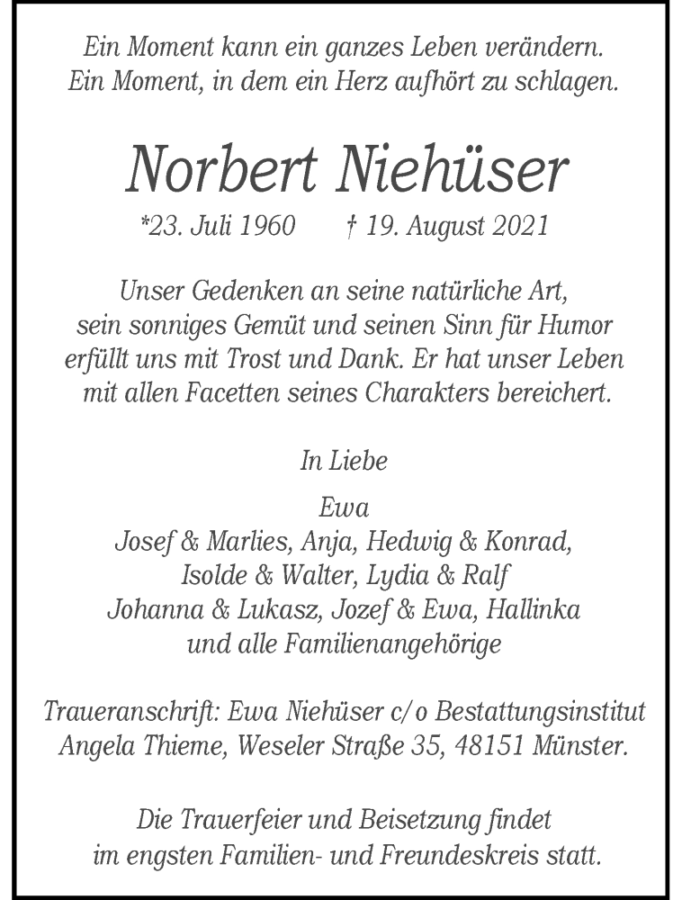  Traueranzeige für Norbert Niehüser vom 28.08.2021 aus 