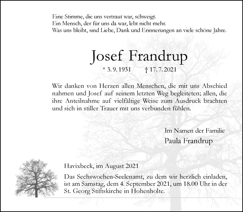  Traueranzeige für Josef Frandrup vom 28.08.2021 aus 