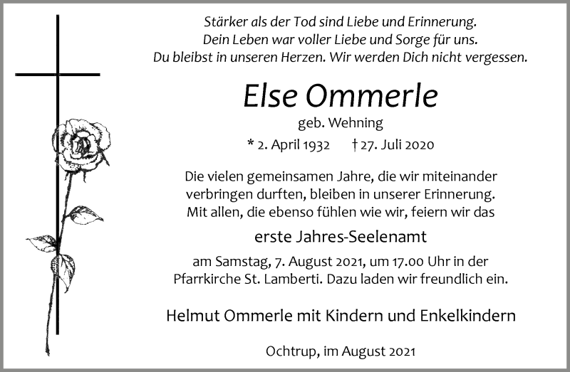  Traueranzeige für Else Ommerle vom 04.08.2021 aus 