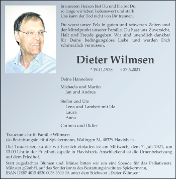 Anzeige von Dieter Wilmsen 