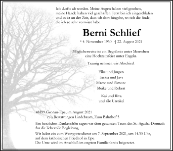 Anzeige von Berni Schlief 