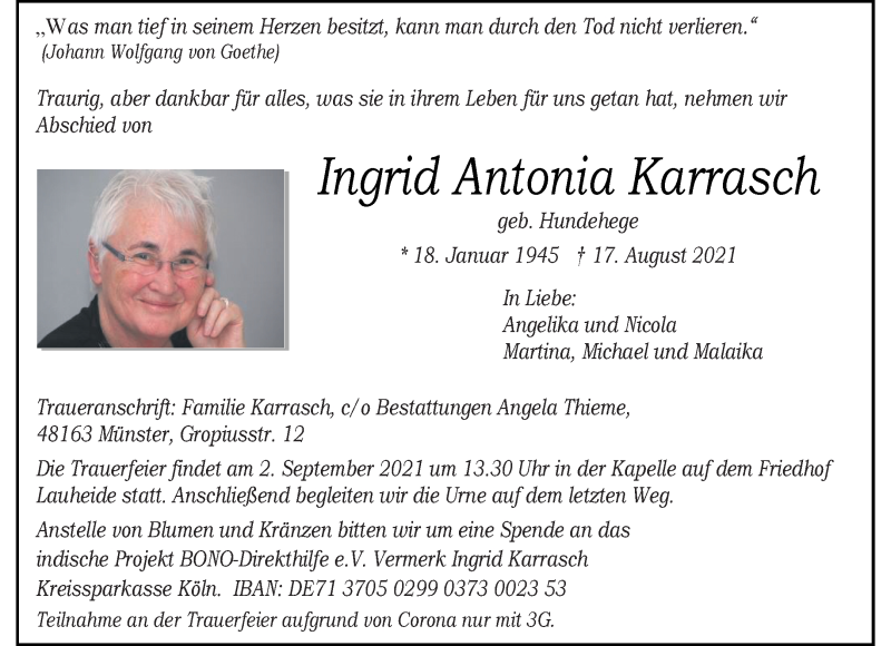  Traueranzeige für Ingrid Antonia Karrasch vom 31.08.2021 aus 