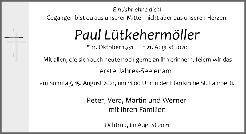  Traueranzeige für Paul Lütkehermöller vom 11.08.2021 aus 