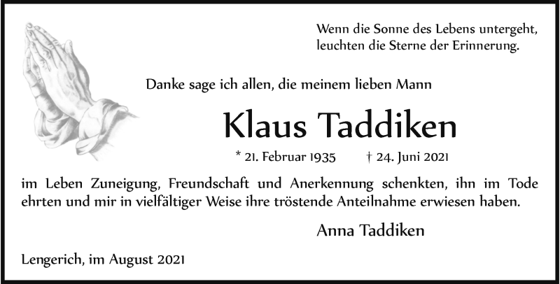  Traueranzeige für Klaus Taddiken vom 28.08.2021 aus 