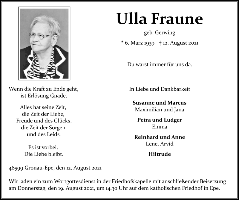  Traueranzeige für Ulla Fraune vom 17.08.2021 aus 
