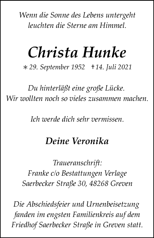  Traueranzeige für Christa Hunke vom 07.08.2021 aus 