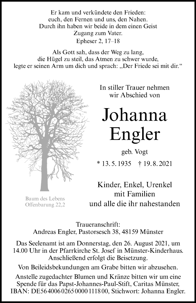  Traueranzeige für Johanna Engler vom 24.08.2021 aus 