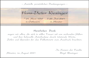 Anzeige von Hans-Dieter Riesinger 