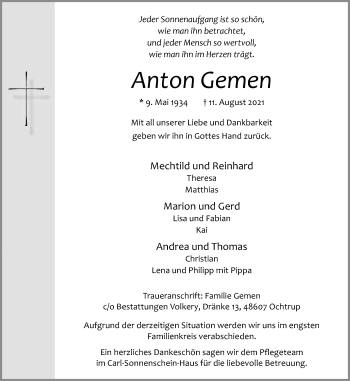 Anzeige von Anton Gemen 