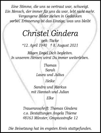 Anzeige von Christel Gindera 