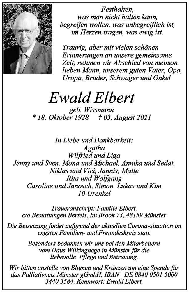  Traueranzeige für Agatha Elbert vom 07.08.2021 aus 