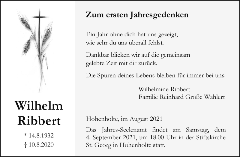  Traueranzeige für Wilhelm Ribbert vom 28.08.2021 aus 
