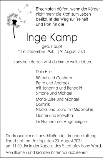 Anzeige von Inge Kamp 
