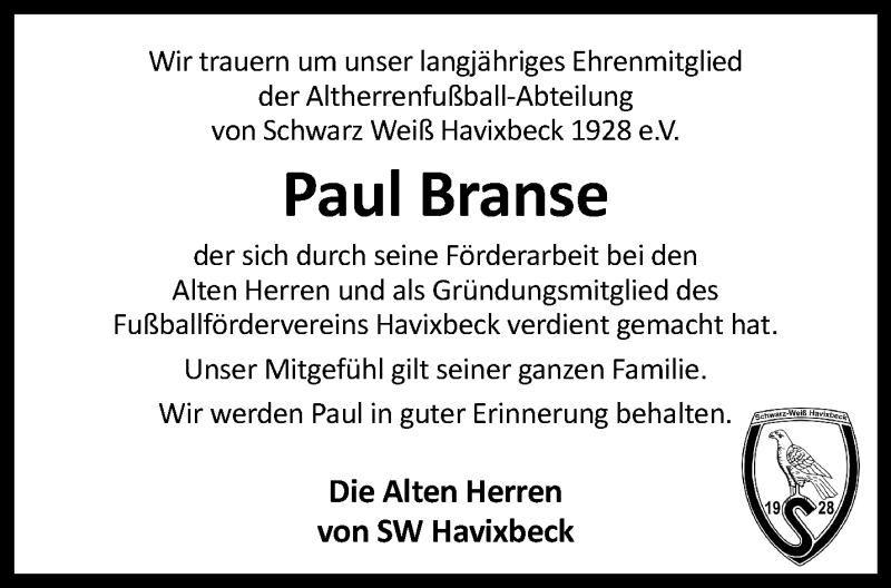  Traueranzeige für Paul Branse vom 07.08.2021 aus 
