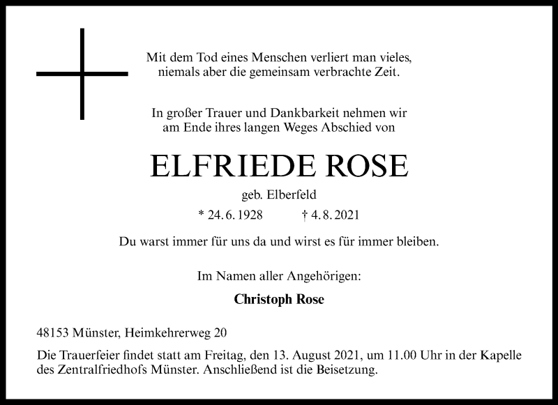  Traueranzeige für Elfriede Rose vom 11.08.2021 aus 