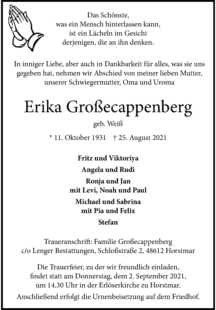 Traueranzeige für Erika Großecappenberg vom 28.08.2021 aus 