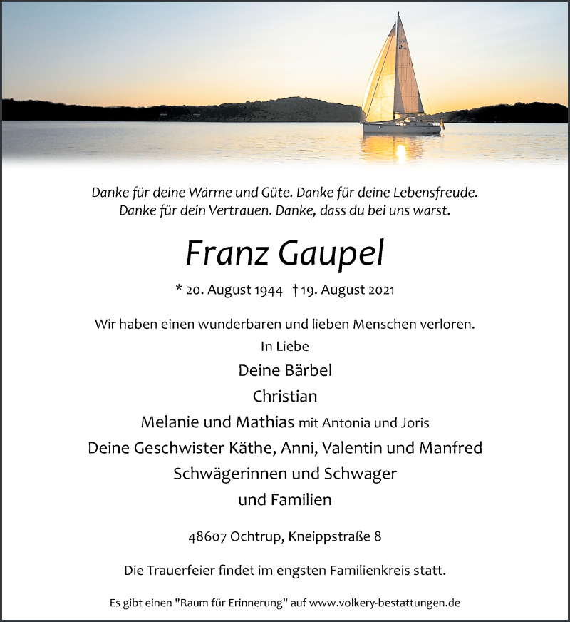 Traueranzeige für Franz Gaupel vom 23.08.2021 aus 