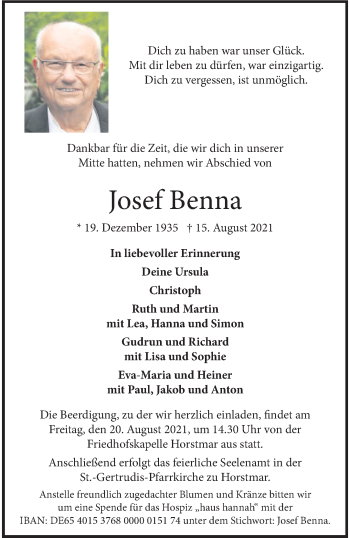Anzeige von Josef Benna 