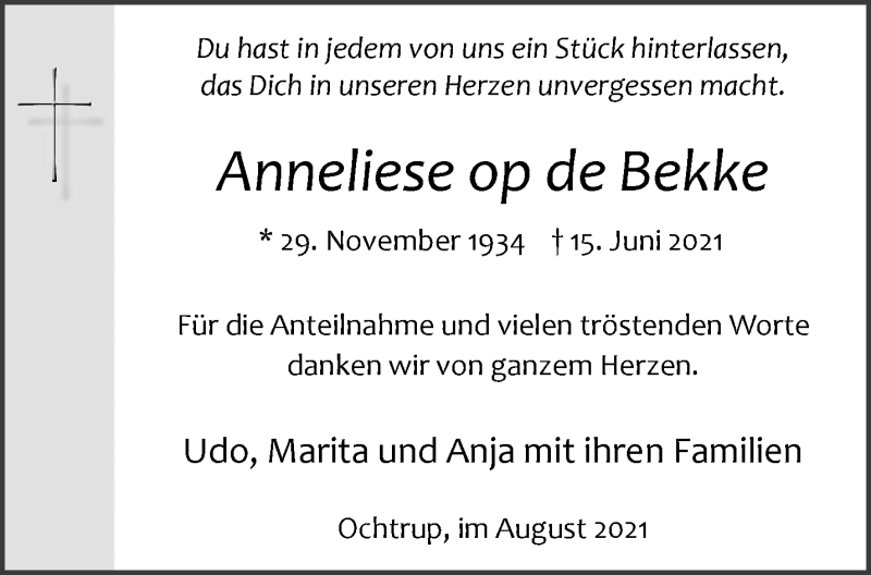  Traueranzeige für Anneliese op de Bekke vom 21.08.2021 aus 