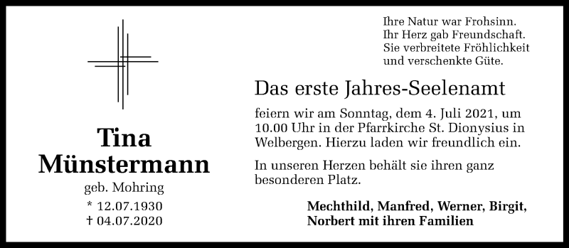  Traueranzeige für Tina Münstermann vom 01.07.2021 aus 