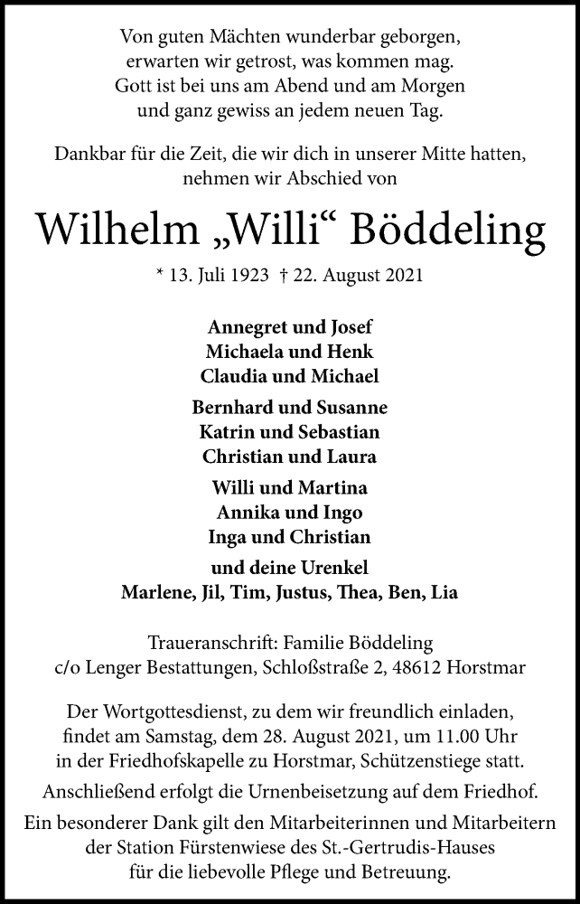  Traueranzeige für Wilhelm Böddeling vom 25.08.2021 aus 