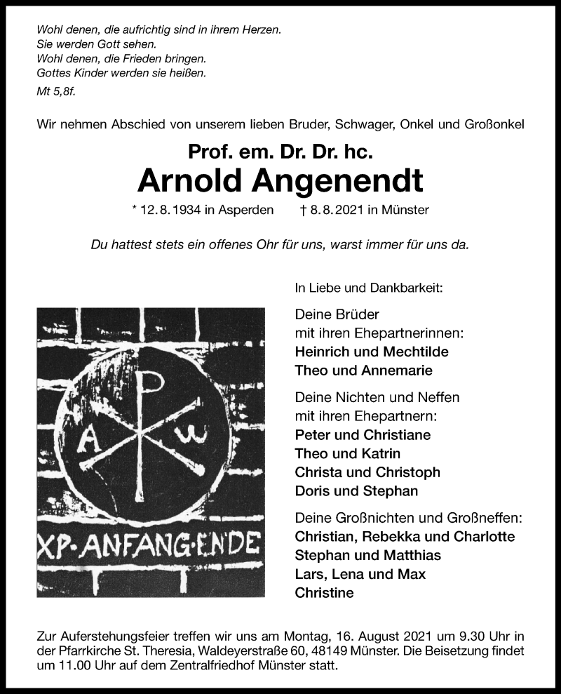  Traueranzeige für Arnold Angenendt vom 12.08.2021 aus 