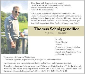 Anzeige von Thomas Schniggendiller 