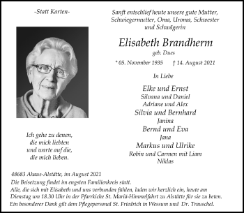 Anzeige von Elisabeth Brandherm 